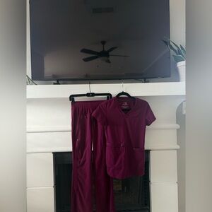 Wine CRFT White Cross 5 pocket bootcut scrub pants with 3 pocket scrub top